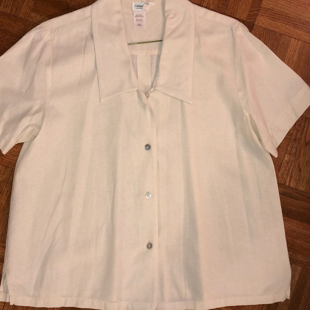 Coldwater Creek beige linen long collar blouse